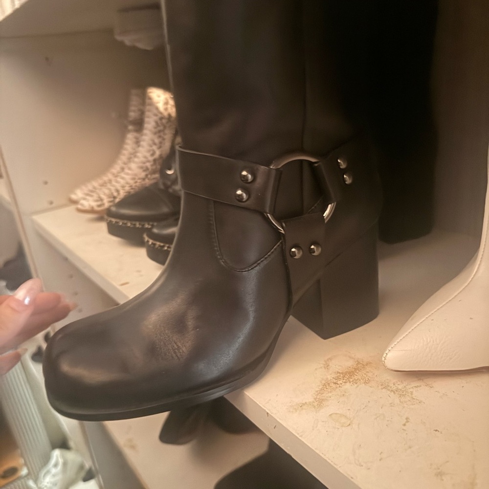RAYE Black Leather Ring-Harness Block Heel Ankle Boots